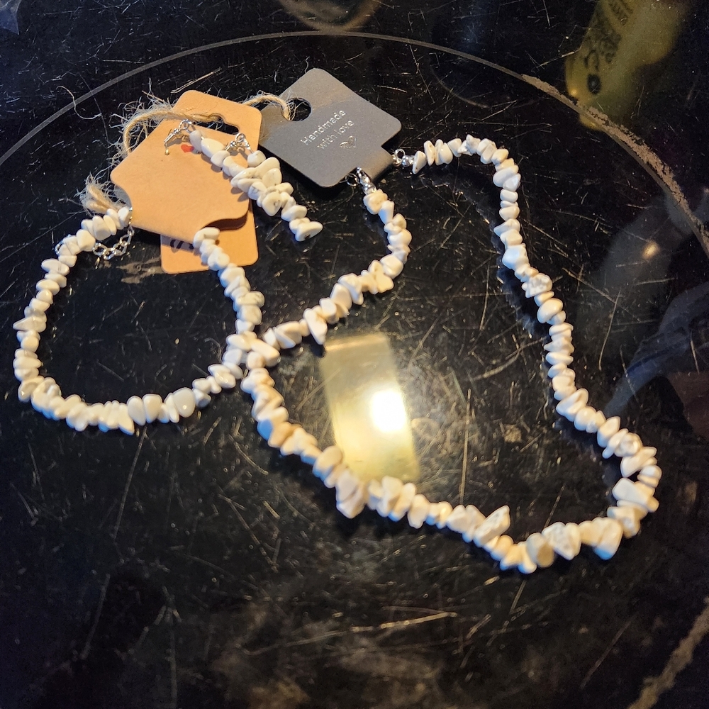 Homemade White Natural Stone Necklace, Earrings and Bracelet Set.